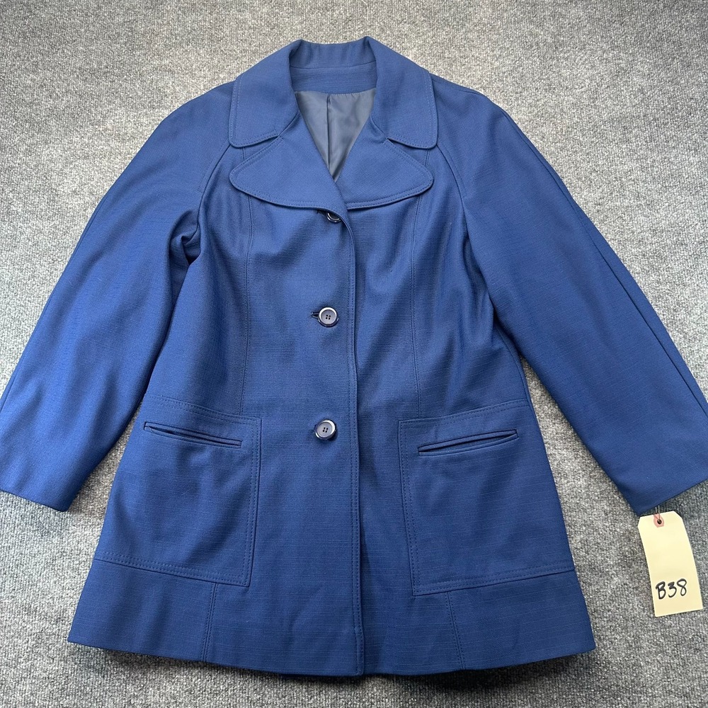 Vintage Women Walking Coat Blue Lined Tailored Fit Single Breasted Classic Retro